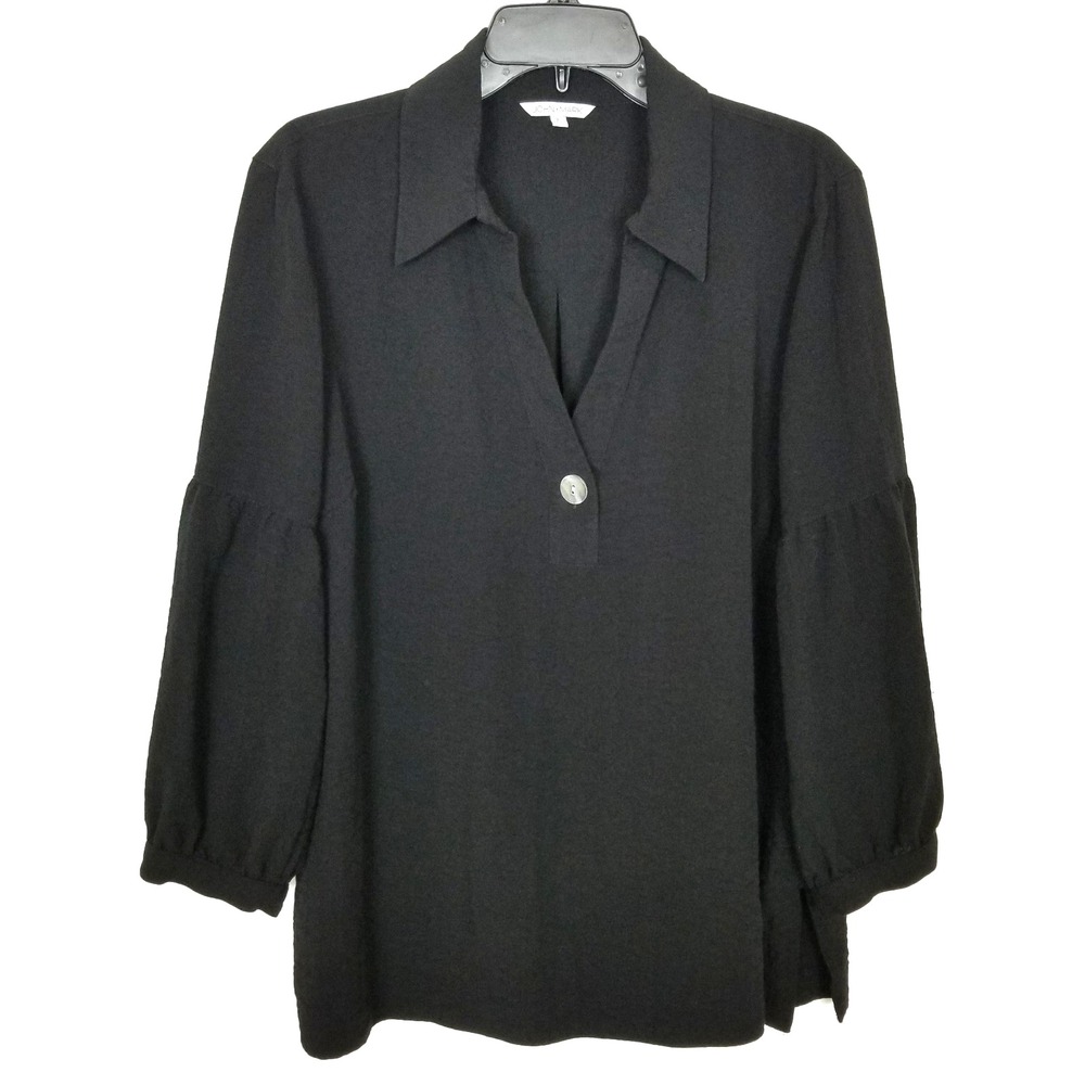 John Mark Womens One Button Neck Blouse Top Sz Lβ Black Balloon Sleeve Boho